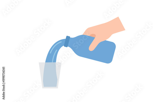 Hand pouring water from a blue bottle into a clear glass minimal clean background simple composition soft colors