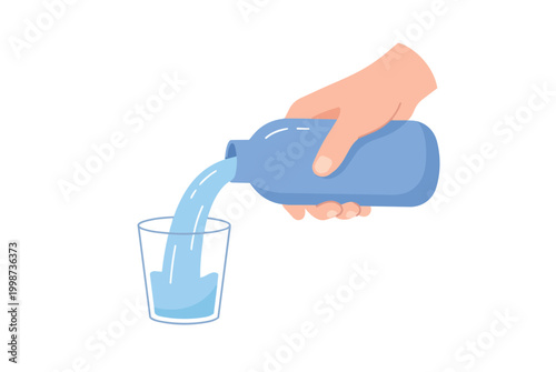 Simple illustration of pouring water into a glass from a bottle clean style soft tones minimal background hydration
