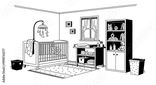 Monochrome illustration of a baby nursery room with furniture and decor