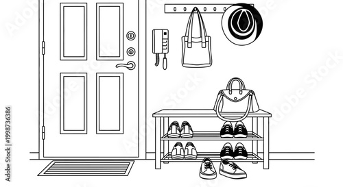 Monochrome interior scene with door shoe rack and accessories illustration