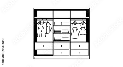 Wardrobe illustration with clothes and drawers in monochrome design