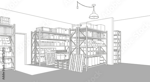 Warehouse interior illustration with shelves boxes and overhead lighting design