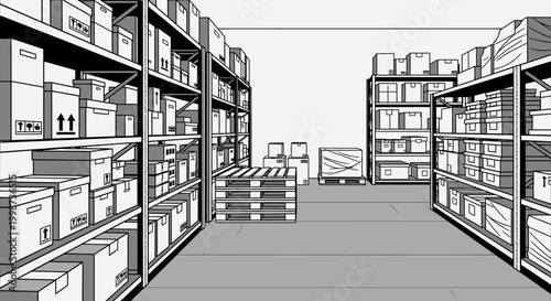 Warehouse interior illustration with shelves boxes pallets and storage space