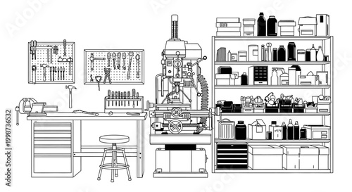 Workshop interior illustration tools machinery and organized workspace design