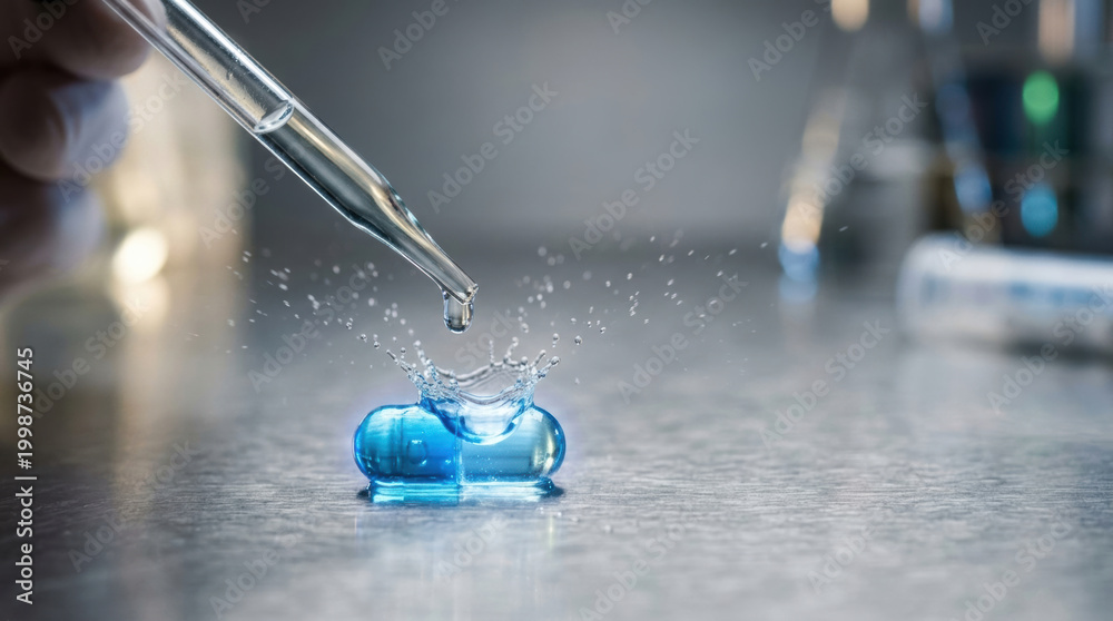 Fototapeta premium Blue capsule medicine with drop and splash in medical technology laboratory