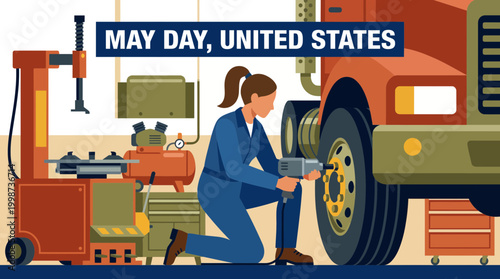 Female mechanic repairing truck tire for United States May Day