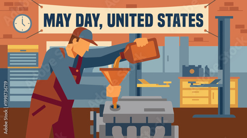 Mechanic Pouring Oil Into Engine in Garage for May Day Celebration