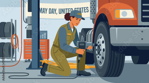 Female mechanic repairing semi truck in garage for May Day