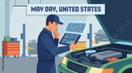Auto mechanic using digital tablet for vehicle diagnostics in garage