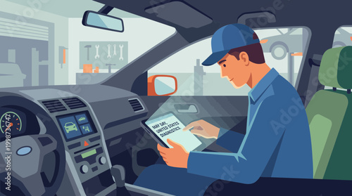 Mechanic using tablet for digital car diagnostics in auto repair shop