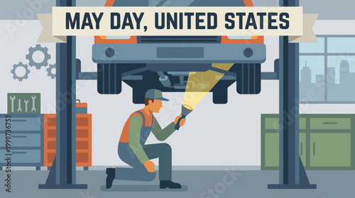 May Day Celebration United States Mechanic Repairing Car Illustration