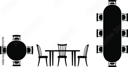 Simple black silhouettes of dining tables and chairs in different arrangements