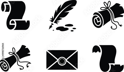 Collection of vintage writing and communication scrolls, feather pen, and envelope