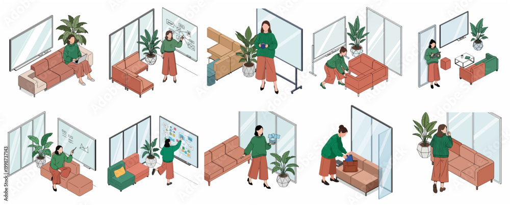 Fototapeta premium Diverse Isometric Scenes of People Interacting Within Modern Office Breakout Spaces and Meeting Room Arrangements