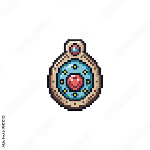 A detailed pixel art vector of a mystical round amulet with a central red gem, light blue interior, yellow accents, and a decorative golden frame.