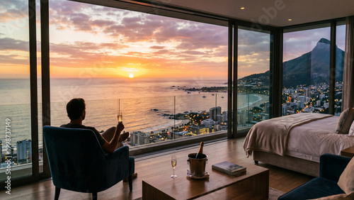 Luxury beachfront hotel room with panoramic ocean sunset view, man relaxing with champagne, tropical coastal city and premium travel lifestyle concept