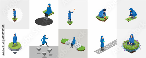 Isometric Depiction of a Person in Blue Raincoat Engaged in Various Outdoor Activities on Floating Islands