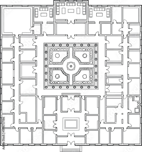 Symmetrical architectural building plan CAD layout with courtyard atrium, corridor circulation, modular rooms and fountain plaza for institutional floor plans and technical drafting presentations