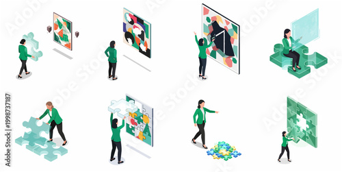 Isometric People Assembling Abstract Puzzle Pieces into Modern Art Display