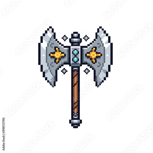 A pixel art double-headed battle axe featuring ornate gold crosses, glowing blue gems, and a sturdy leather-wrapped handle against a white background.
