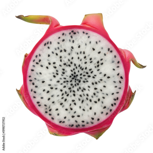 Halved dragon fruit showing white flesh with black seeds and vibrant magenta leathery skin against a clean matte white background, refreshing exotic food concept