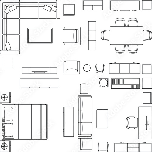 Furniture CAD block set for interior floor plans, sofas, sectional seating, dining tables, storage units and bedroom symbols for space planning, apartment layouts and architectural drafting sheets