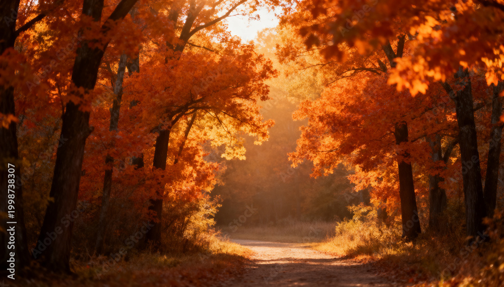 Fototapeta premium autumn forest landscape with warm orange foliage and a better soft sunlight filtering through trees in golden hour with an open path for copy space