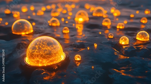 Glowing orange jellyfish swimming in dark water