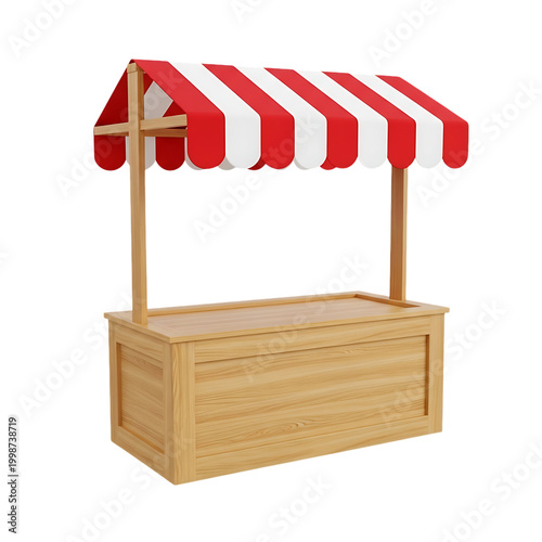Wooden lemonade stand with red and white striped awning isolated on transparent background