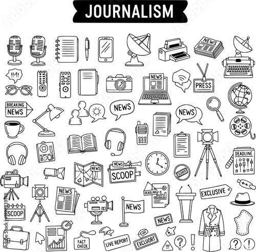 Journalism and News Media Hand-drawn Doodle Icons Set. Collection of Sketchy Elements for Reporters, Editors, Broadcast, and Digital Content Creation.