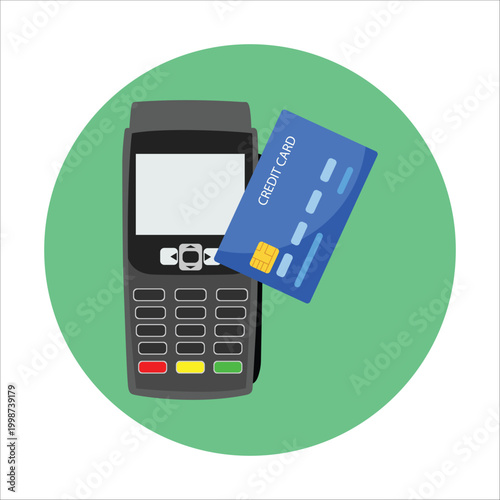 Payment terminal with credit card vector illustration on green circle. Concept of contactless payment, retail checkout, electronic transaction, and banking machine in flat design style.