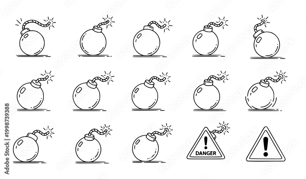 Fototapeta premium Cartoon Bomb Icon Set with Lit Fuse Explosive Symbols and Danger Warning Signs for Safety Alerts, Hazard Labels, Game Design, and Security Concepts