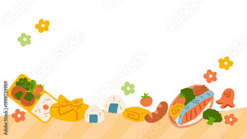 弁当、自炊、食費節約、おにぎりなどの手描きベクターフレームイラス 16:9ト Hand-drawn vector frame illustrations of Japanese bento boxes, rice balls, and more.