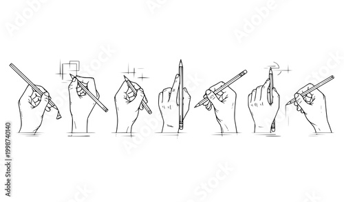 Hand Holding Pencil Icon Set Featuring Writing Techniques, Grip Positions, and Drawing Gestures for Education, Calligraphy, Sketching, and Instructional Design Projects