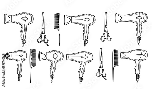 Hair Styling Tools Icon Set Featuring Hairdryer, Scissors, Comb, and Salon Equipment for Beauty, Barber, Haircare, and Professional Styling Design Projects