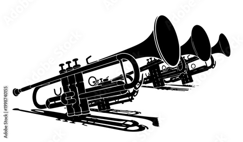Trumpet Instrument Illustration Featuring Classic Brass Music Horn, Jazz Band Equipment, and Vintage Musical Performance Element for Concert, Orchestra, and Sound Design Projects