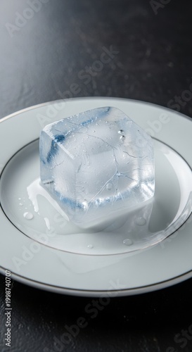 Large Ice Cube Resting on a White Plate.