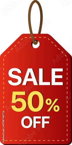 Sale 50 Percent Off Hanging Price Tag isolated on transparent background.