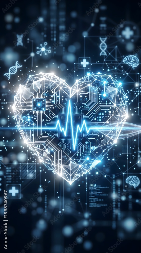 Fototapeta premium Digital heart with ECG waveform and medical technology icons representing health data and innovation.