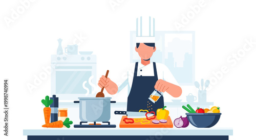 Chef preparing a meal in a modern kitchen with fresh ingredients