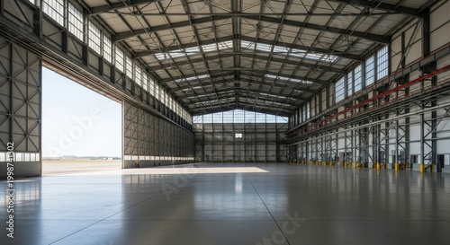 Large Industrial Hangar Interior with Open Door and Light.