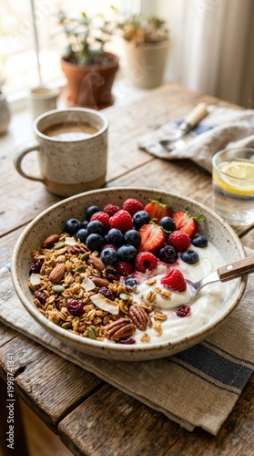 Delicious yogurt bowl with fresh berries and granola for breakfast