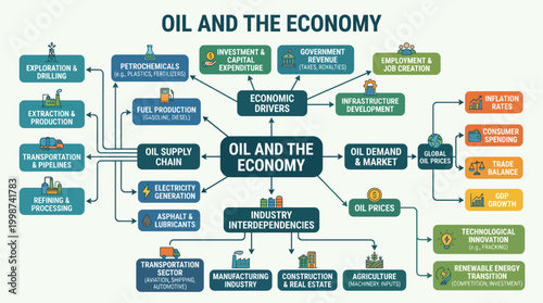 Detailed infographic exploring how oil supply, market demand, and industry interdependencies influence the world economy and various business sectors