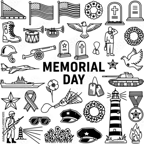 Detailed Memorial Day Vector Set with Patriotic, Military, and Remembrance Icons: Flags, Gravestones, Soldiers, Wreaths, and More