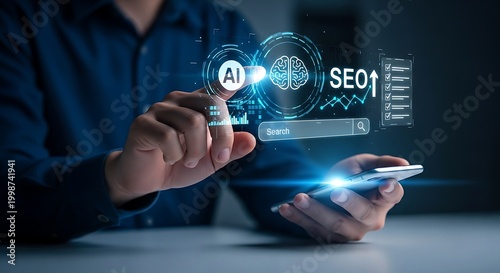 AI SEO digital interface glows above a smartphone as a professional optimizes search results using artificial intelligence. This image is ideal for corporate technology presentations.