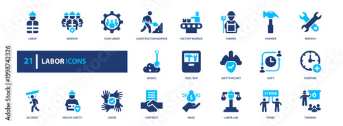 Labor icon set. workforce, industry, job, worker, production. solid style icon collection.