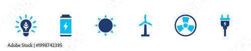 Energy sources icon set. electricity, power, renewable, solar, wind. solid style icon collection.