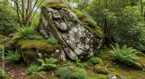 Large moss-covered rock in a lush green forest setting.