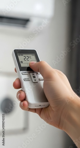 Hand Holding Air Conditioner Remote Control, Setting Temperature.