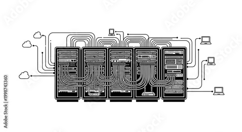 Data center network server visualization black and white technology illustration